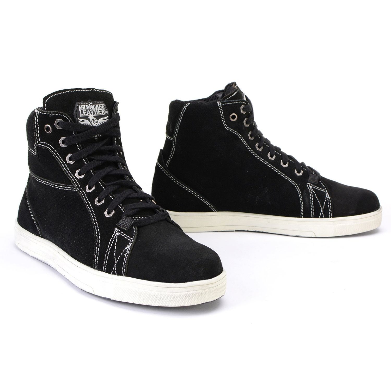 Milwaukee Leather MBM9107 Men's Black Suede Leather w/ White Stitching Reinforced Street Riding Shoes w/ Ankle Support Milwaukee Leather MBM9107 Men's Black Suede Leather w/ White Stitching Reinforced Street Riding Shoes w/ Ankle Support