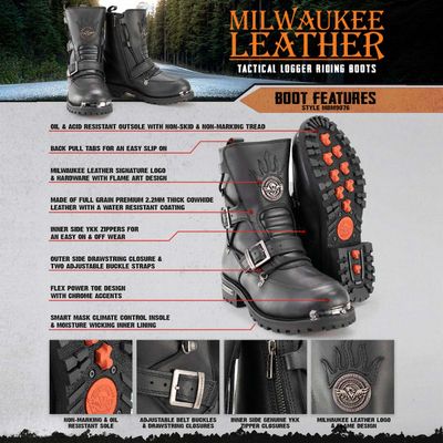 Milwaukee Leather MBM9076 Menâs Black Tactical Logger Leather Boots with Buckle Enhancement