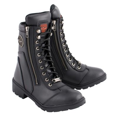 Milwaukee Leather MBL9301 Women's Black Leather Lace-Up Motorcycle Biker Riding Boots with Side Zipper Entry