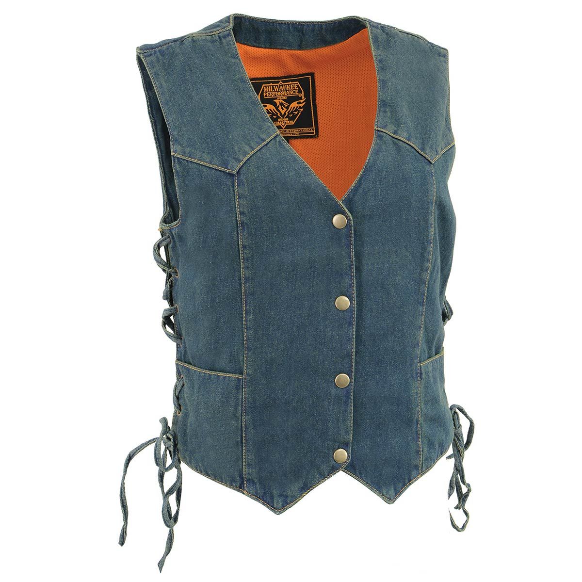 Milwaukee Leather MDL4001 Women's Blue Side Lace 4 Snap Front Denim Vest Milwaukee Leather MDL4001 Women's Blue Side Lace 4 Snap Front Denim Vest