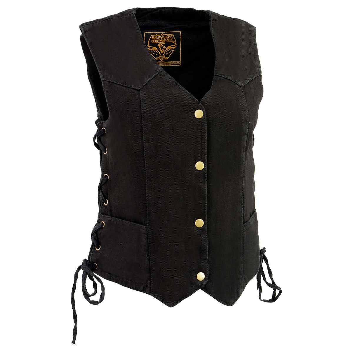 Milwaukee Leather MDL4001 Women's Black Denim Motorcycle Vest with Side Lace and 4 Snap Front Milwaukee Leather MDL4001 Women's Black Denim Motorcycle Vest with Side Lace and 4 Snap Front