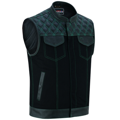VB924GN Men's Denim & Leather Motorcycle Vest with Conceal Carry Pockets, SOA Biker Club Vest Green Stitching, Diamond Padding, Snap & Zipper Closure VB924GN Men's Denim & Leather Motorcycle Vest with Conceal Carry Pockets, SOA Biker Club Vest Green Stitching, Diamond Padding, Snap & Zipper Closure