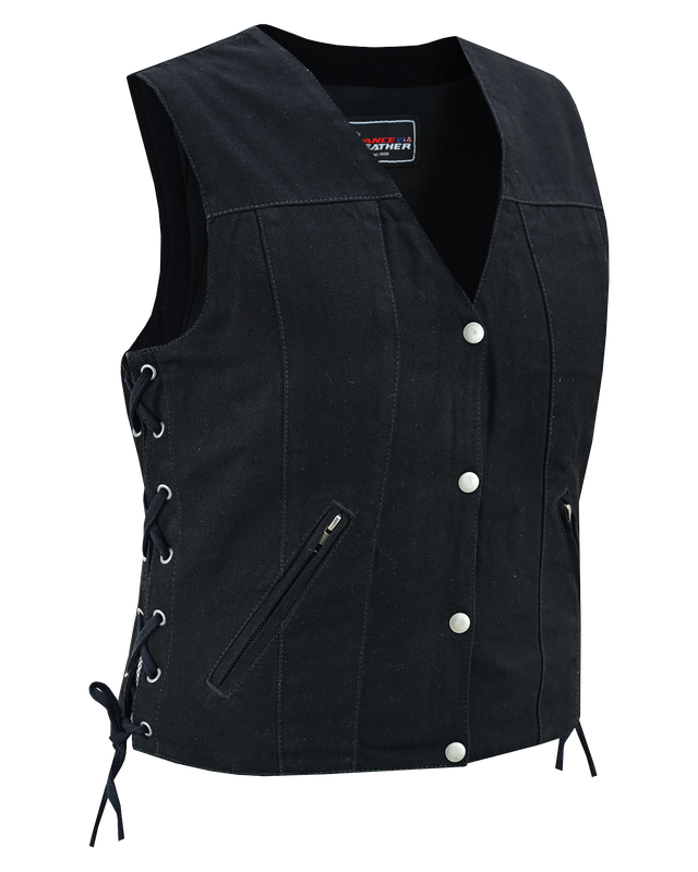 VB1045BK Women's Black Denim V Neck Vest with Snap opening & side laces
