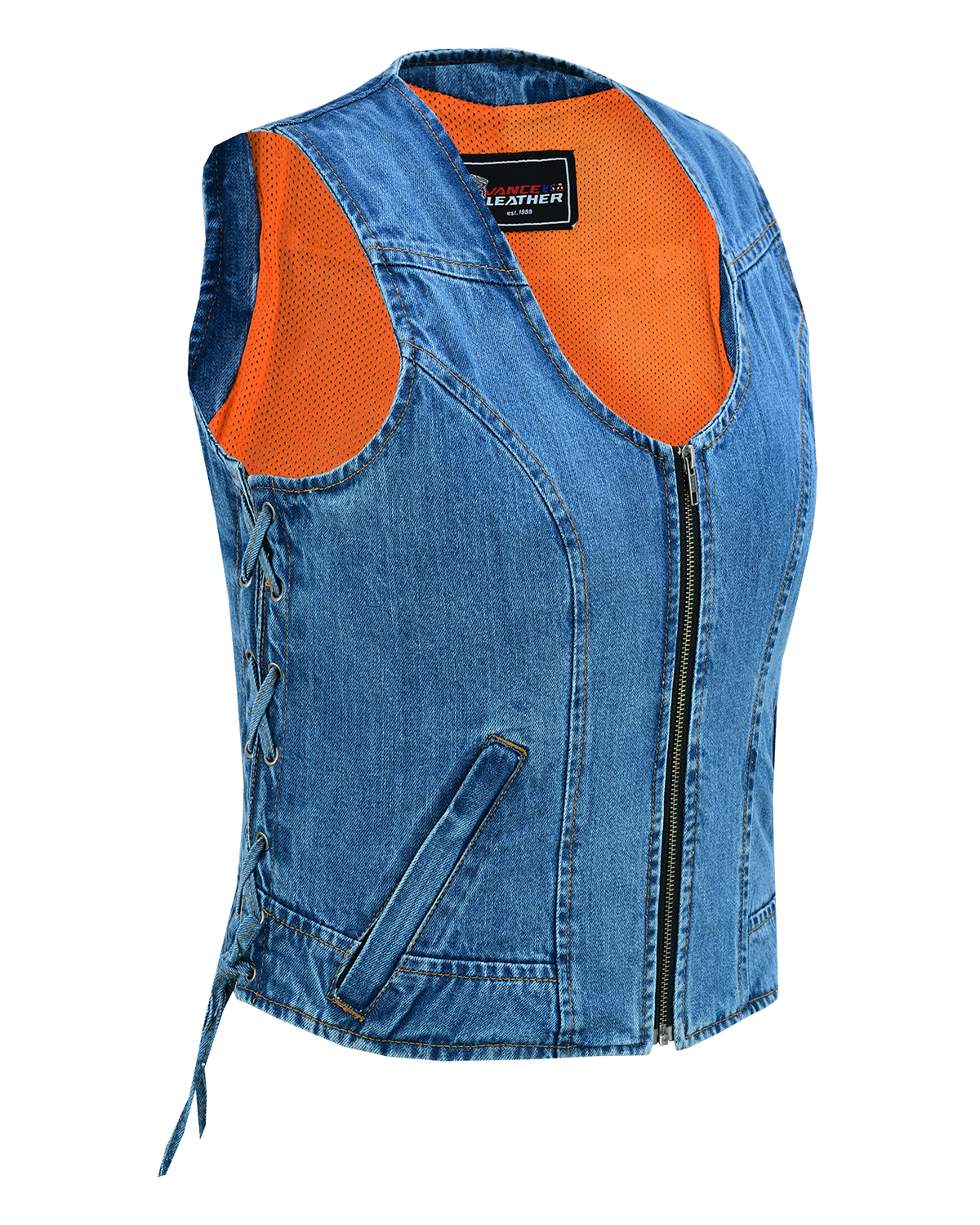 VB1042 Women's Blue Denim V Neck Vest with Zipper & side laces VB1042 Women's Blue Denim V Neck Vest with Zipper & side laces, Color: blue, Size: s