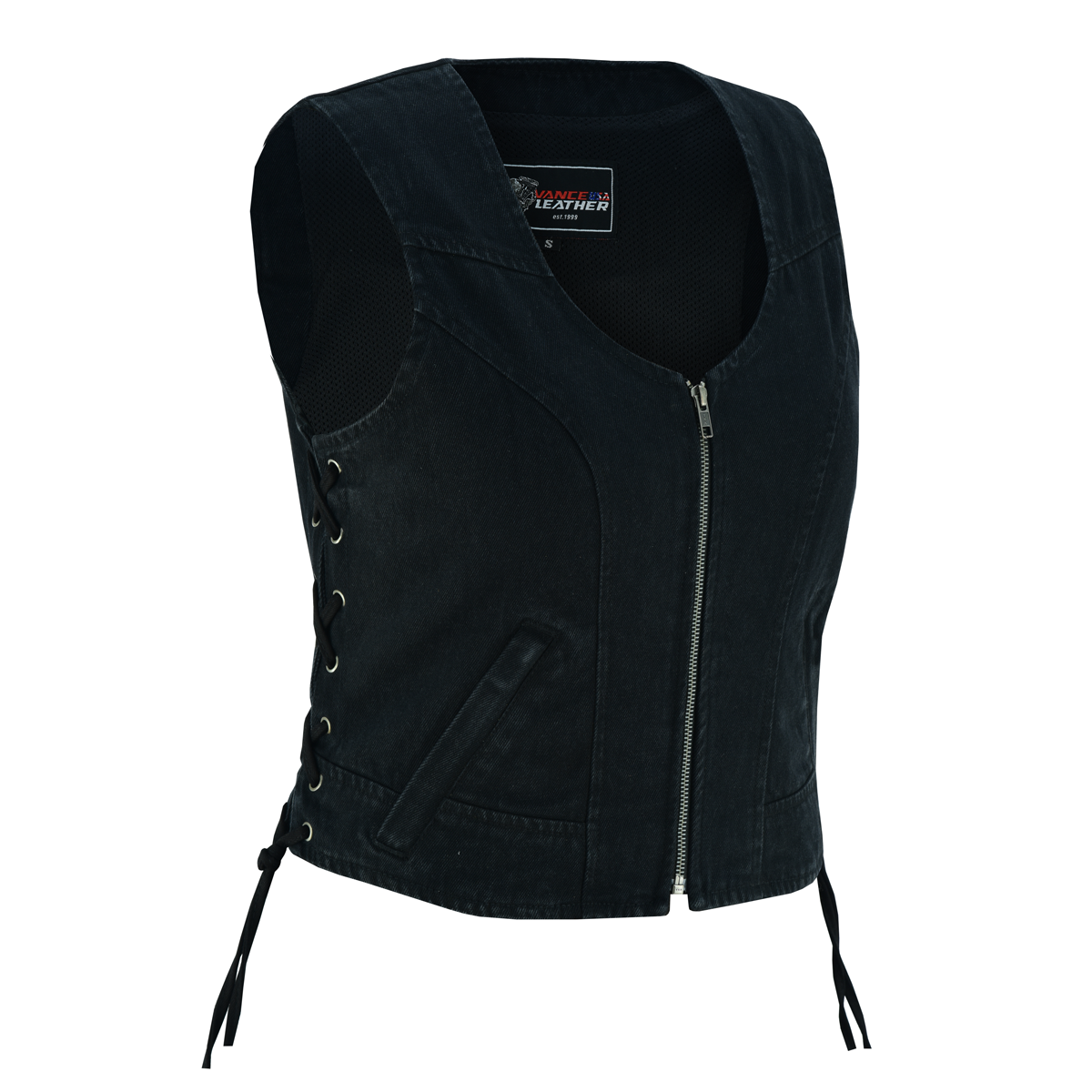 VB1042 Women's Black Denim V Neck Vest with Zipper & side laces, Color: black, Size: s
