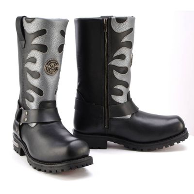 Milwaukee Leather Mens Fire Fight Harness Boots Black Leather w/ Silver Flames, Square Toe, Inside Zipper - MBM9067