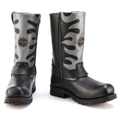 Milwaukee Leather Mens Fire Fight Harness Boots Black Leather w/ Silver Flames, Square Toe, Inside Zipper - MBM9067