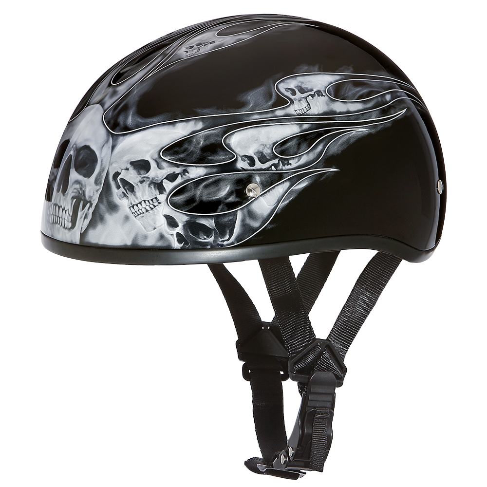 DOT Approved Daytona Motorcycle Half Face Helmet - Skull Cap Graphics for Men & Women, Scooters, ATVs, UTVs & Choppers - W/ Skull Flames Silver DOT Approved Daytona Motorcycle Half Face Helmet - Skull Cap Graphics for Men & Women, Scooters, ATVs, UTVs & Choppers - W/ Skull Flames Silver