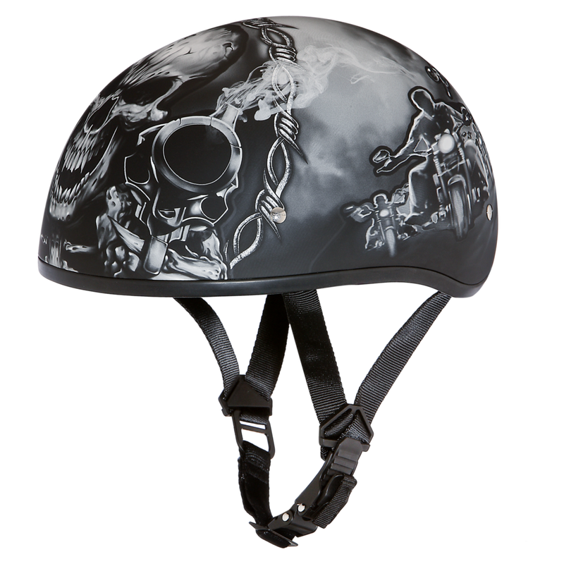 DOT Approved Daytona Motorcycle Half Face Helmet - Skull Cap Graphics for Men & Women, Scooters, ATVs, UTVs & Choppers - W/ Guns