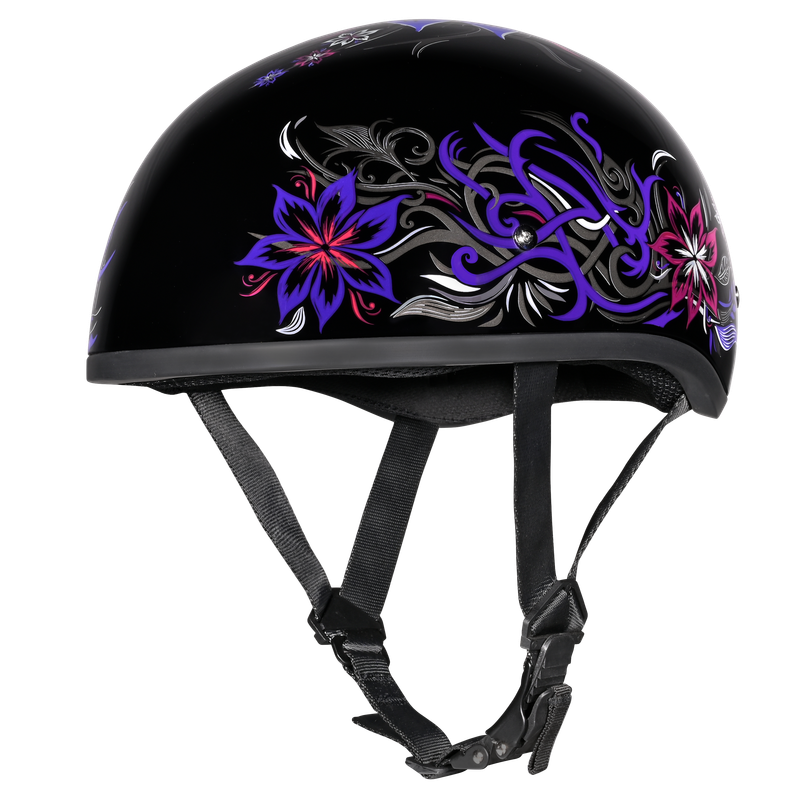 DOT Approved Daytona Motorcycle Half Face Helmet - Skull Cap Graphics for Men & Women, Scooters, ATVs, UTVs & Choppers - W/ Flowers