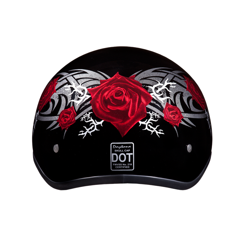 DOT Approved Daytona Motorcycle Half Face Helmet - Skull Cap Graphics for Men & Women, Scooters, ATVs, UTVs & Choppers - W/ Rose