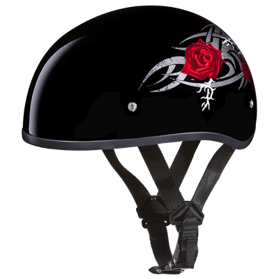 DOT Approved Daytona Motorcycle Half Face Helmet - Skull Cap Graphics for Men & Women, Scooters, ATVs, UTVs & Choppers - W/ Rose