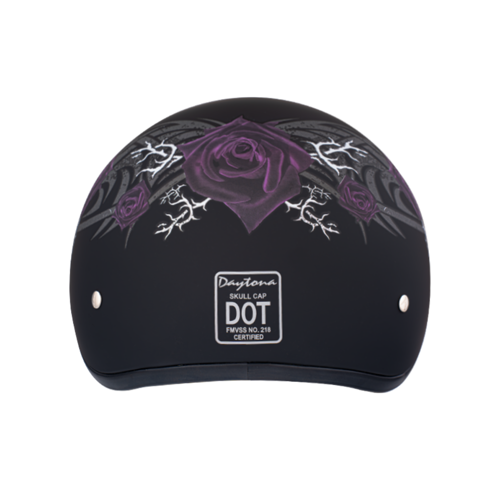 DOT Approved Daytona Motorcycle Half Face Helmet - Skull Cap Graphics for Men & Women, Scooters, ATVs, UTVs & Choppers - W/ Purple Rose DOT Approved Daytona Motorcycle Half Face Helmet - Skull Cap Graphics for Men & Women, Scooters, ATVs, UTVs & Choppers - W/ Purple Rose