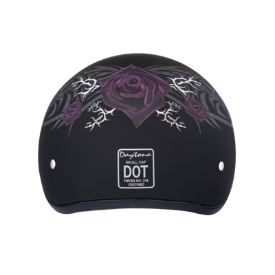 DOT Approved Daytona Motorcycle Half Face Helmet - Skull Cap Graphics for Men & Women, Scooters, ATVs, UTVs & Choppers - W/ Purple Rose