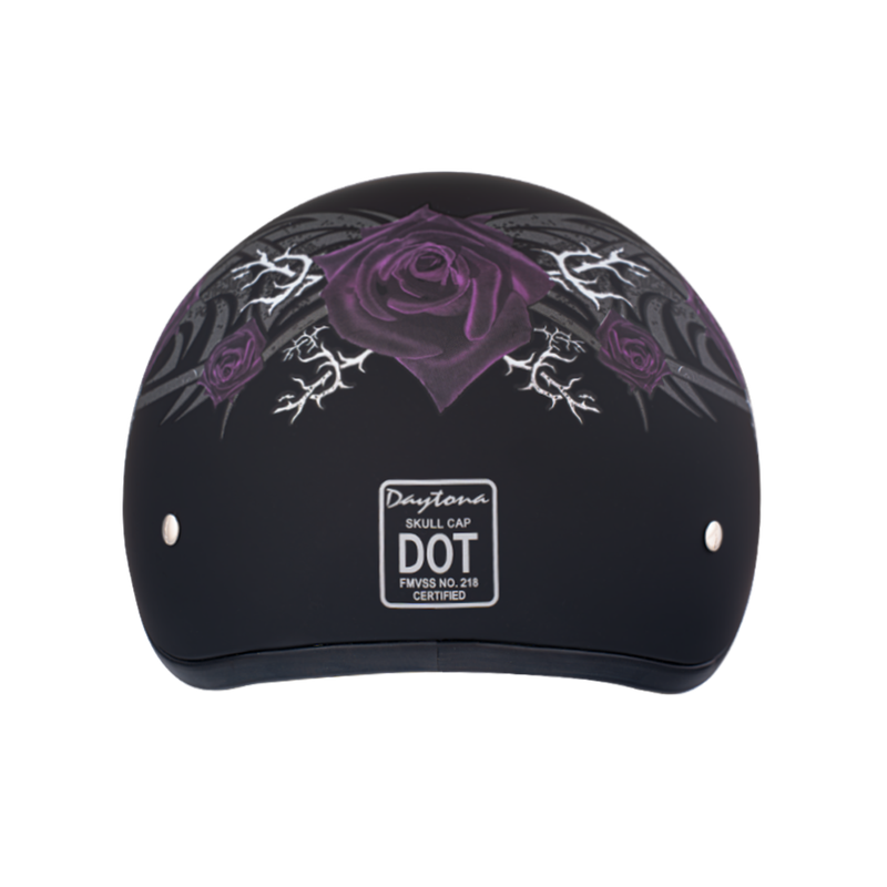 DOT Approved Daytona Motorcycle Half Face Helmet - Skull Cap Graphics for Men & Women, Scooters, ATVs, UTVs & Choppers - W/ Purple Rose