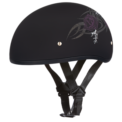 DOT Approved Daytona Motorcycle Half Face Helmet - Skull Cap Graphics for Men & Women, Scooters, ATVs, UTVs & Choppers - W/ Purple Rose