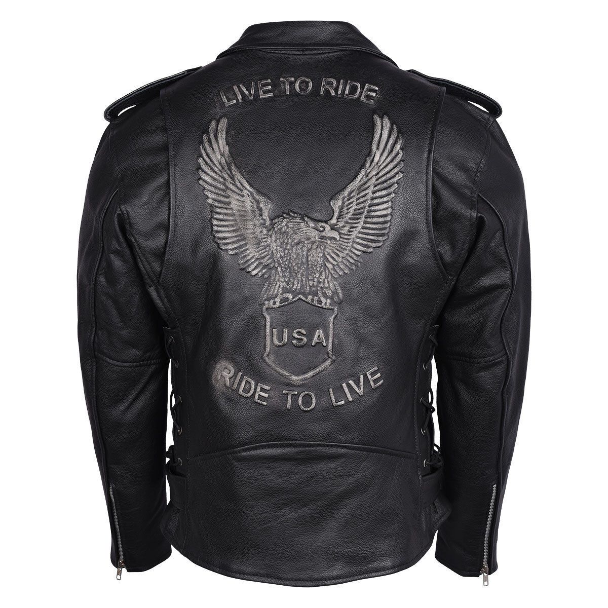 HMM525 - Mens Eagle Embossed Live To Ride - Ride To Live Classic Black Leather Motorcycle Jacket HMM525 - Mens Eagle Embossed Live To Ride - Ride To Live Classic Black Leather Motorcycle Jacket
