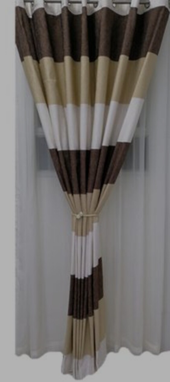 TAN STRIPED CURTAIN SET- BROWN