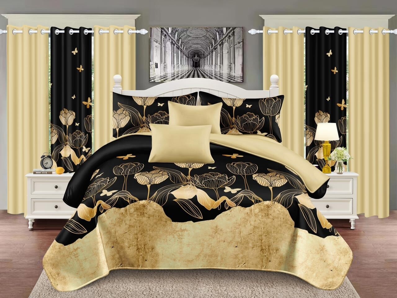 PANDA 7P QUILT SET- BLACK GOLD FLORAL