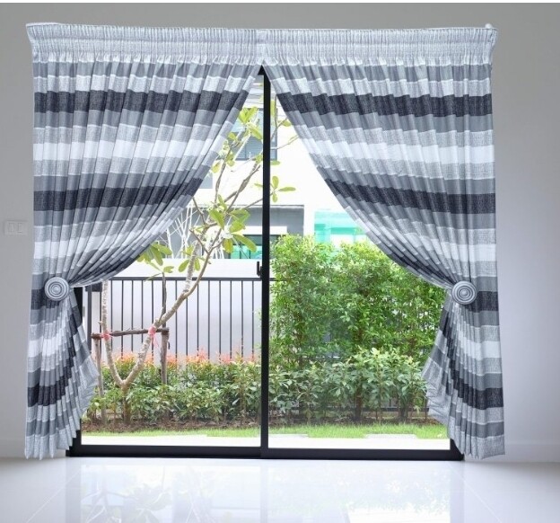 TAN STRIPED CURTAIN SET- GREY