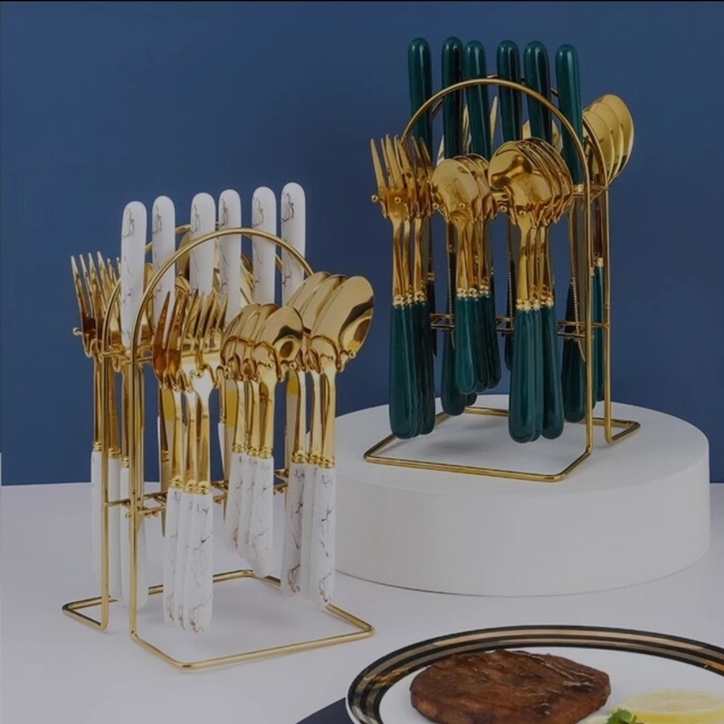 GOLD MARBLE CUTLERY SET- WHITE