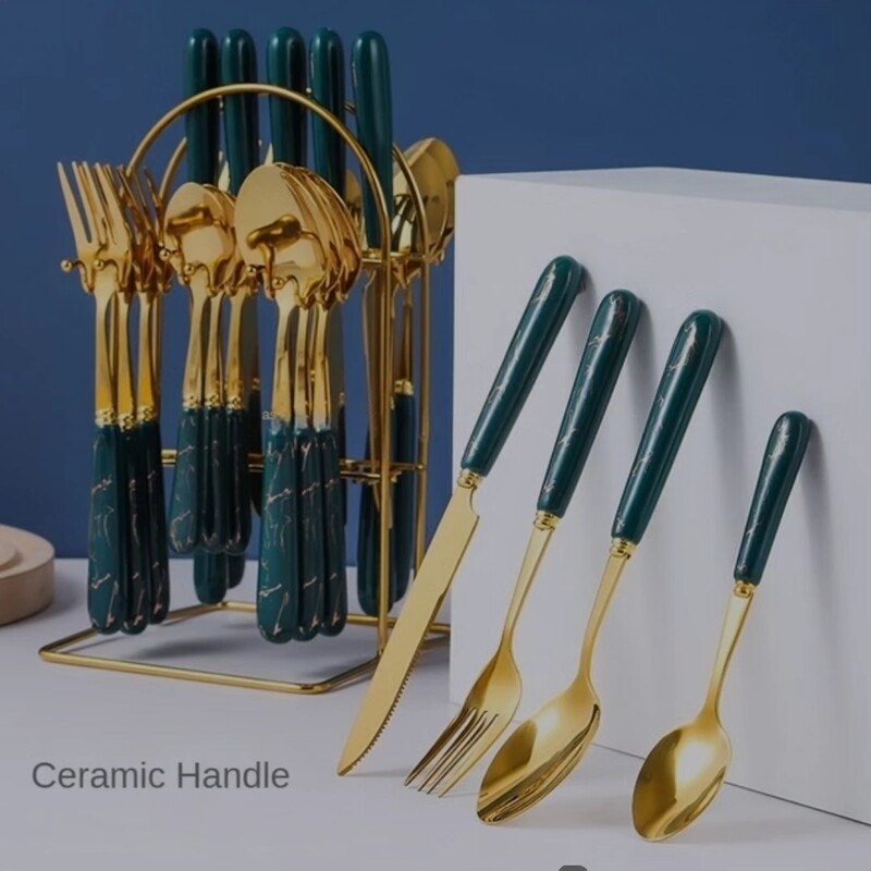 GOLD MARBLE CUTLERY SET- GREEN