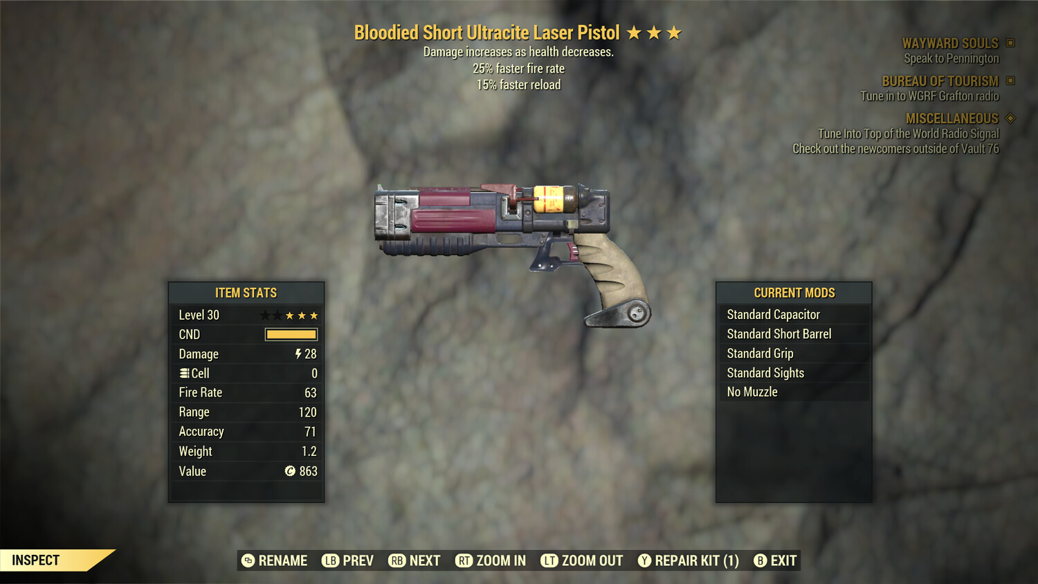 Bloodied 25/15 Laser Pistol/Rifle Lvl 30