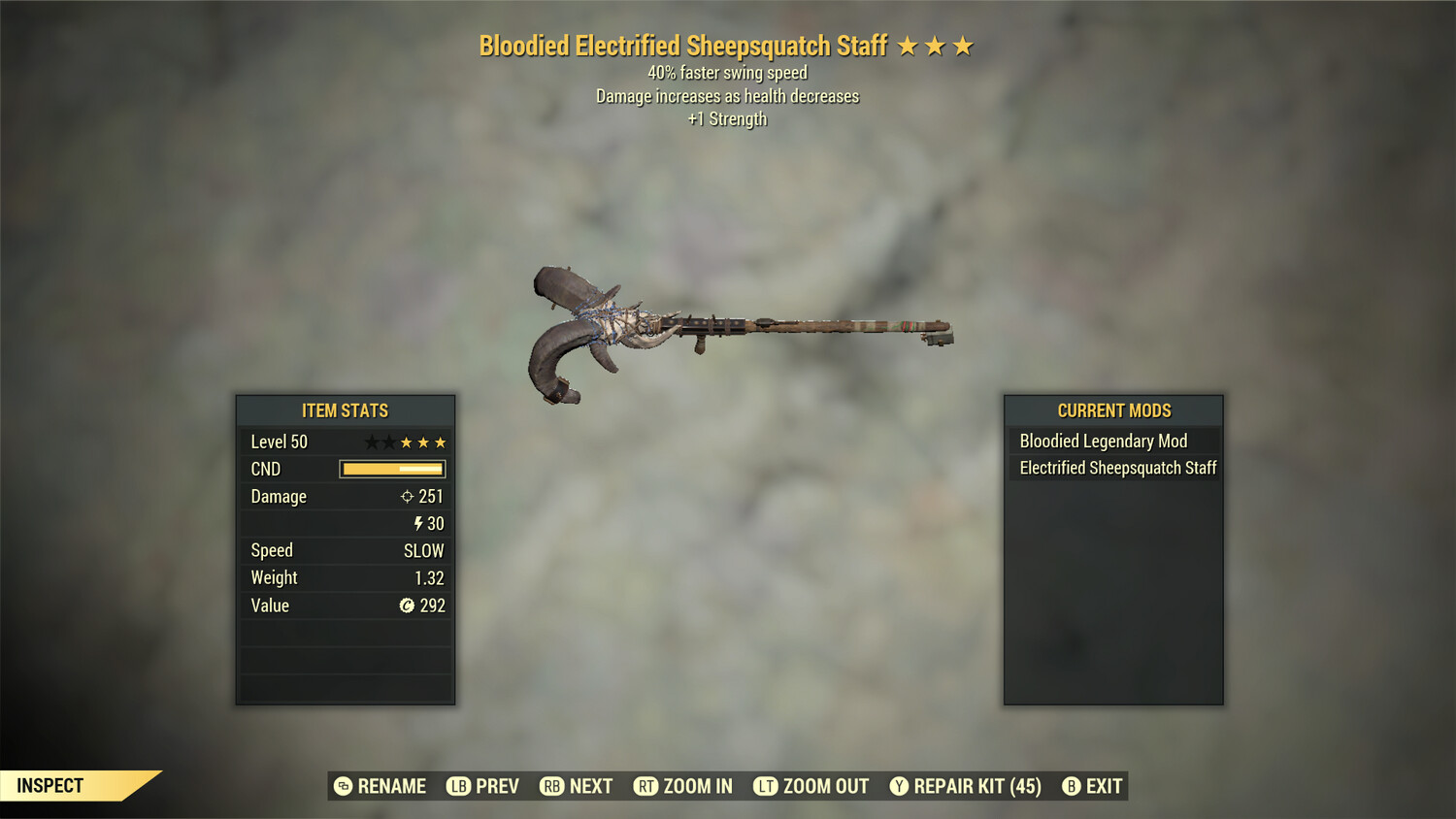 Unbreakable Bloodied 1S SS Electrified Sheepsquatch Staff