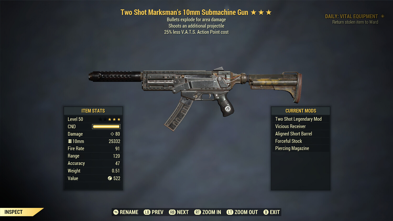 Two Shot Explosive 25 10mm Submachine Gun