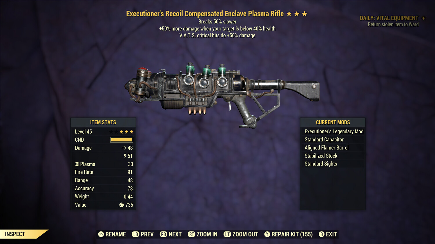 Executioners 50/Durability Enclave Plasma Rifle With Flamer Mod