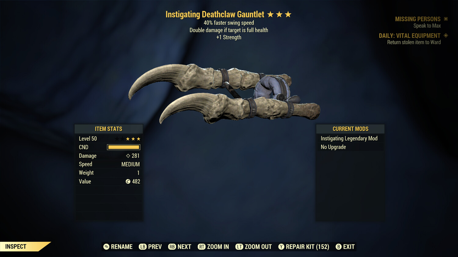 Instigating 1S/SS Deathclaw Gauntlet