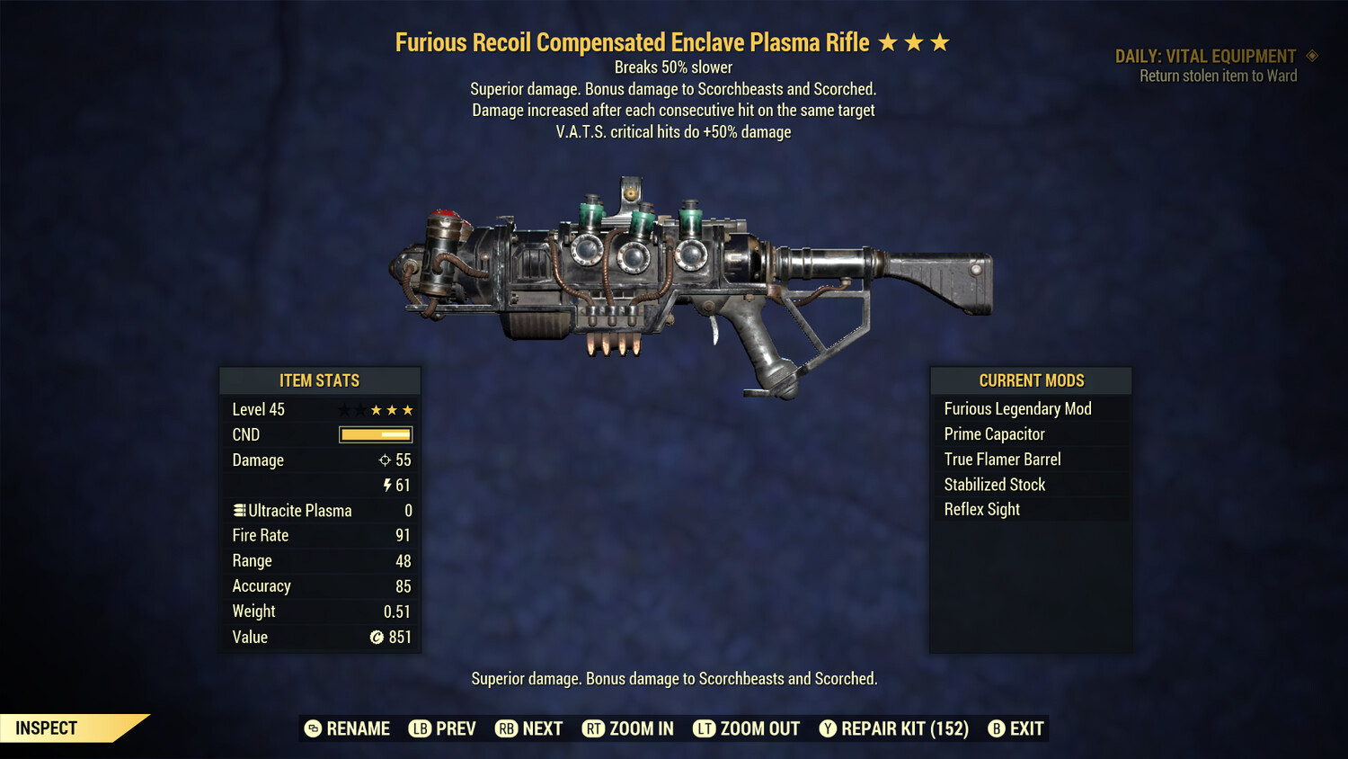 Furious 50/Durability Enclave Plasma Rifle With Flamer Mod