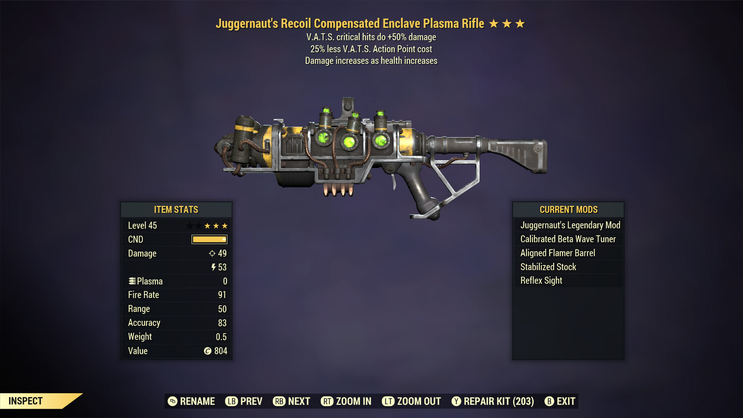 Juggernaut 50/25 Enclave Plasma Rifle With Flamer Barrel Mod