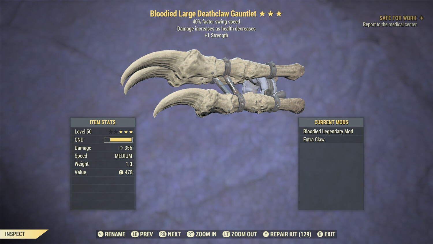 Unbreakable Bloodied 1S/SS Deathclaw Gauntlet