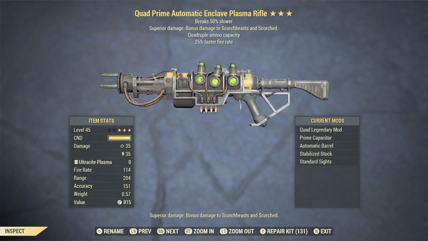 Quad 25/Durability Enclave Plasma Rifle With Flamer Mod
