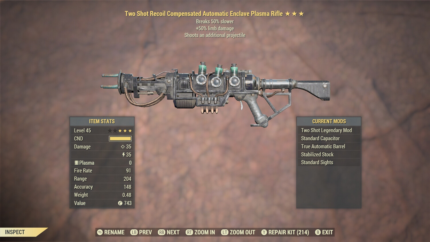 Two Shot 50/Durability Enclave Plasma Rifle With Flamer Mod
