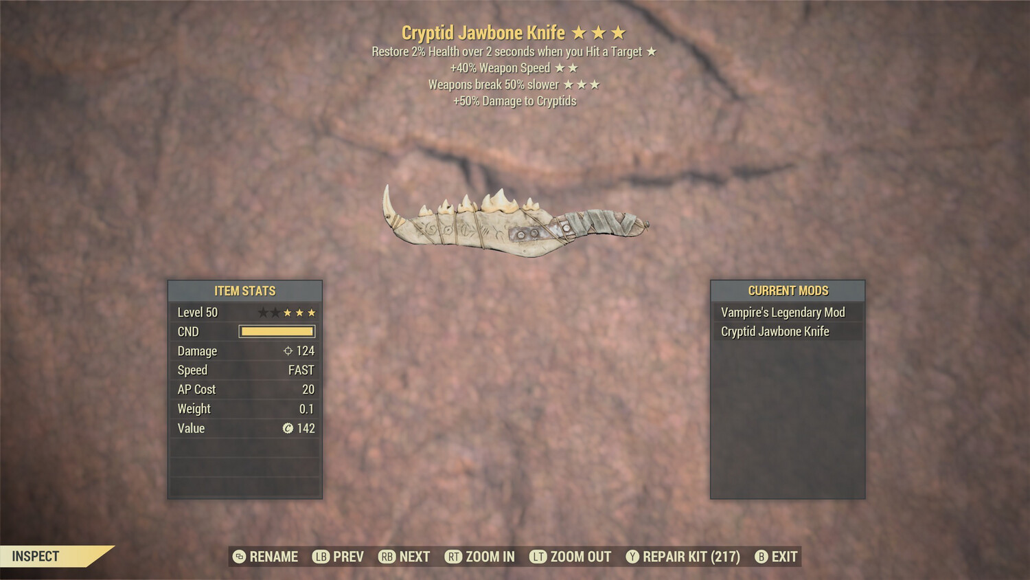 Cryptid Jawbone Knife (standard Perks)