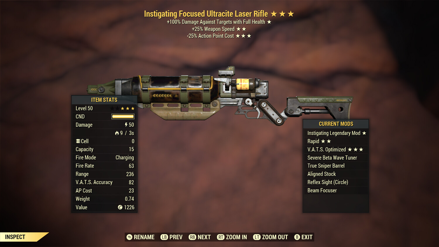 Instigating 25/25 Non Ultracite Laser Rifle