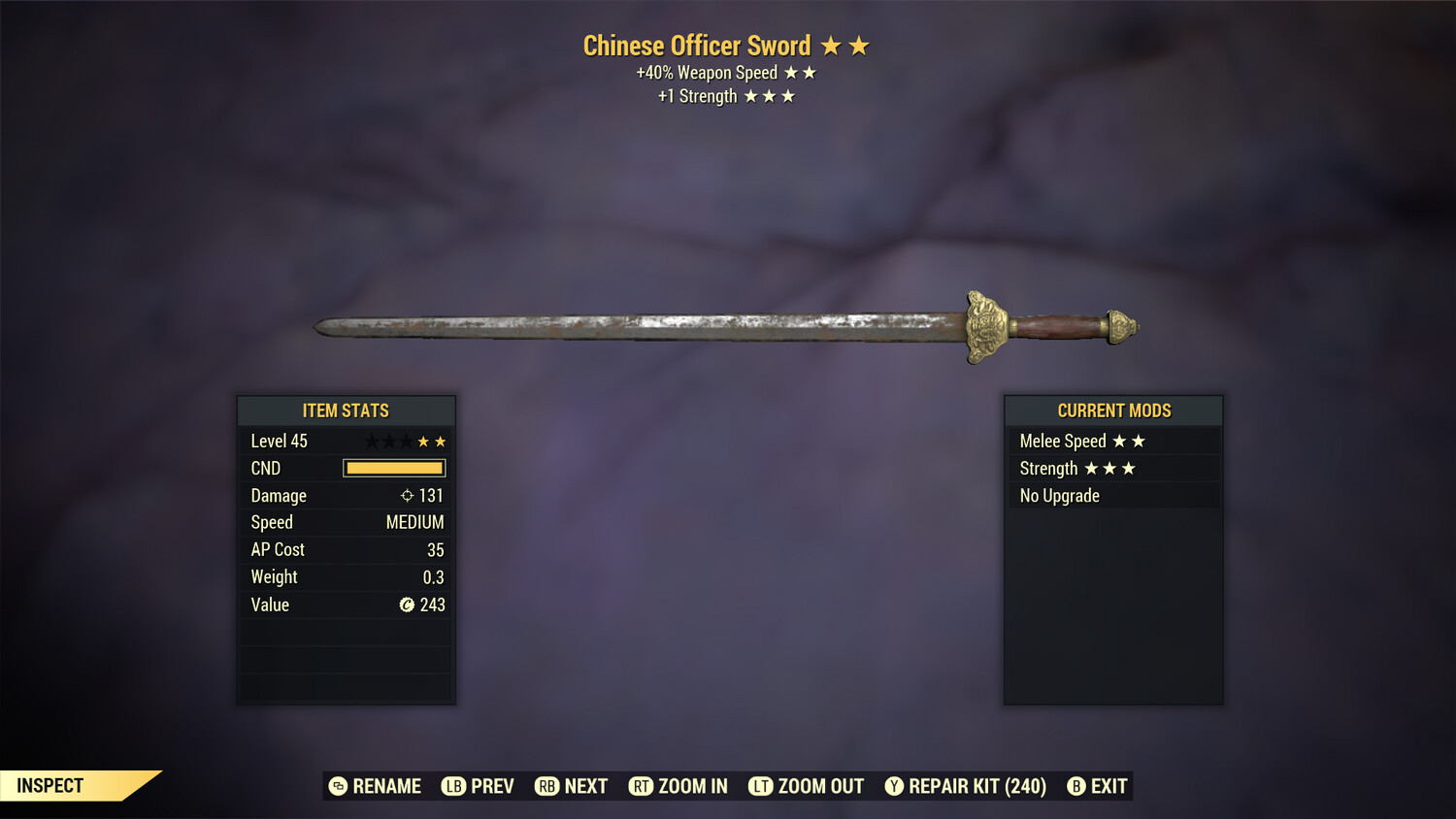 Legacy Perkless SS/1S Chinese Officers Sword