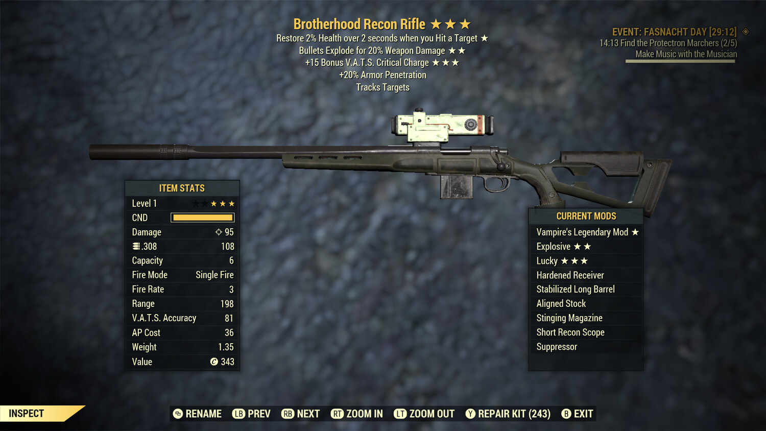 Legacy Rollable Vampire Explosive 15c Brothhod Recon Rifle Lvl 1