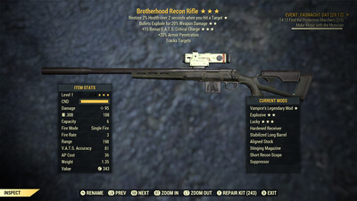 Legacy Rollable Vampire Explosive 15c Brothhod Recon Rifle Lvl 1