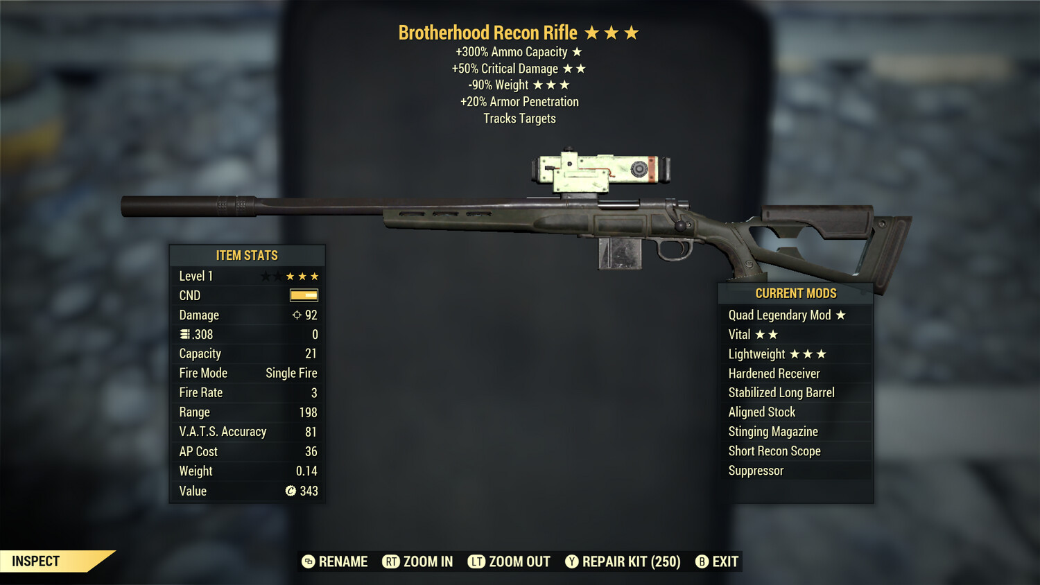 Legacy Rollable Quad 50/90 Brotherhood Recon Rifle Lvl 1