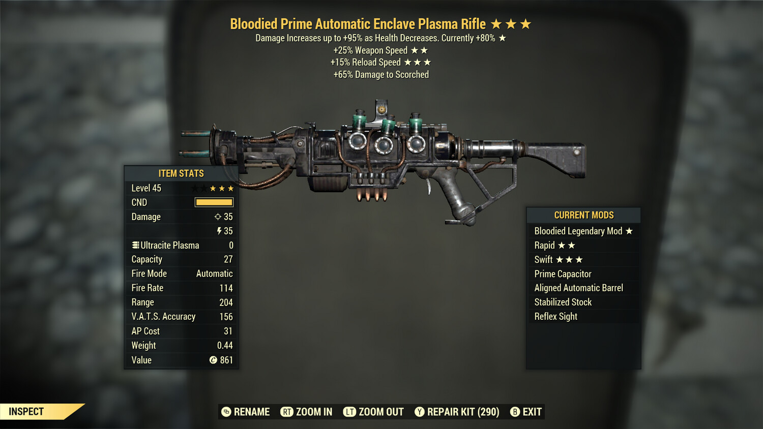 Bloodied 25/15r Enclave Plasma Rifle