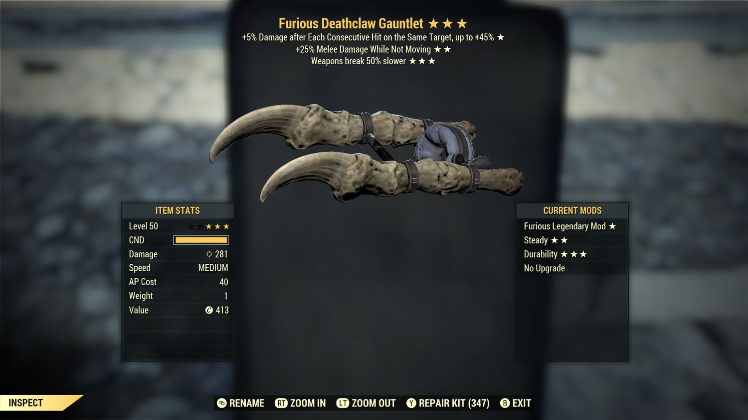 Furious 25s/Durability Deathclaw Gauntlet