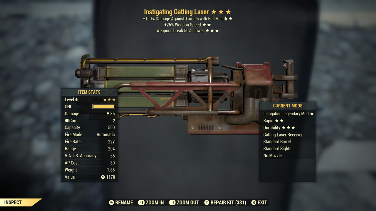 Instigating 25/Durability Gatling Laser