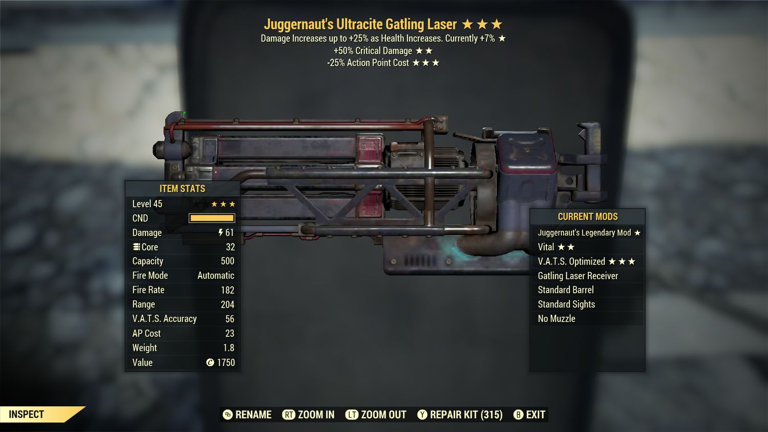 Juggernaut 50/25 Ultracite Gatling Laser