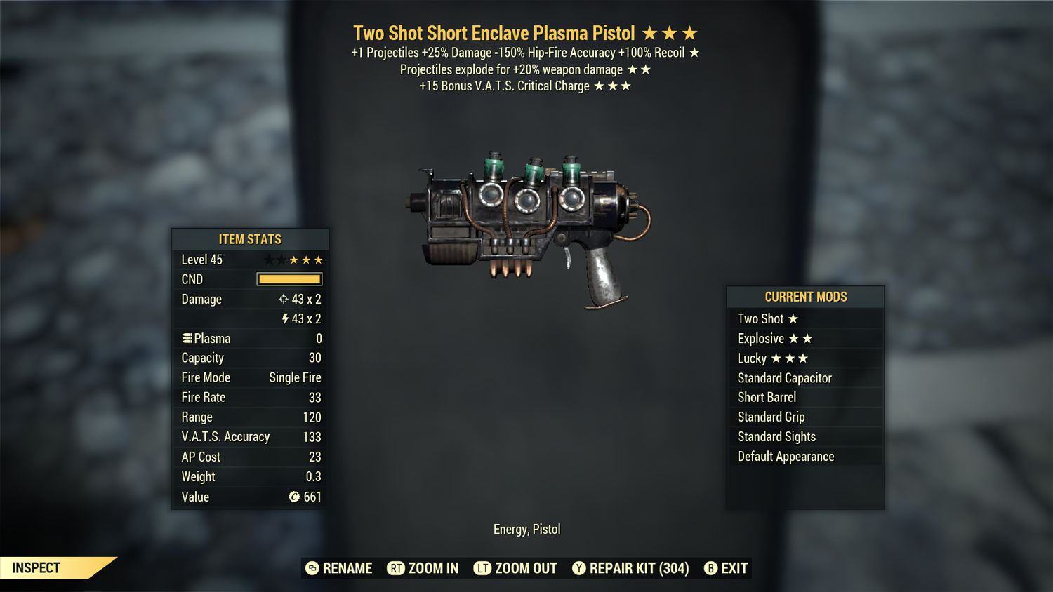 Two Shot Explosive 15c Enclave Plasma Pistol