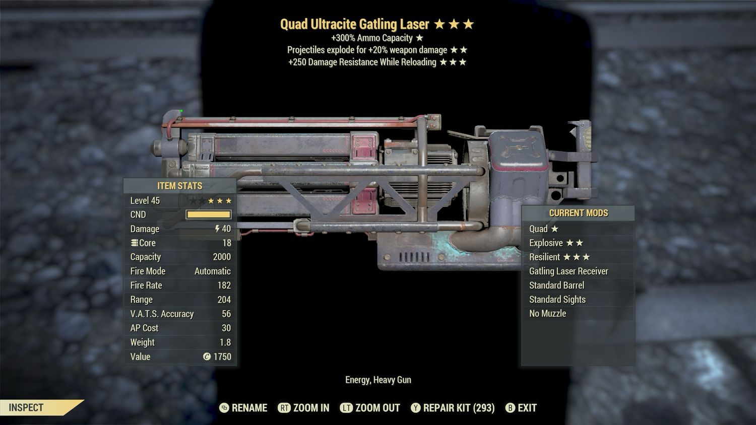 Quad Explosive 250 Ultracite Gatling Laser