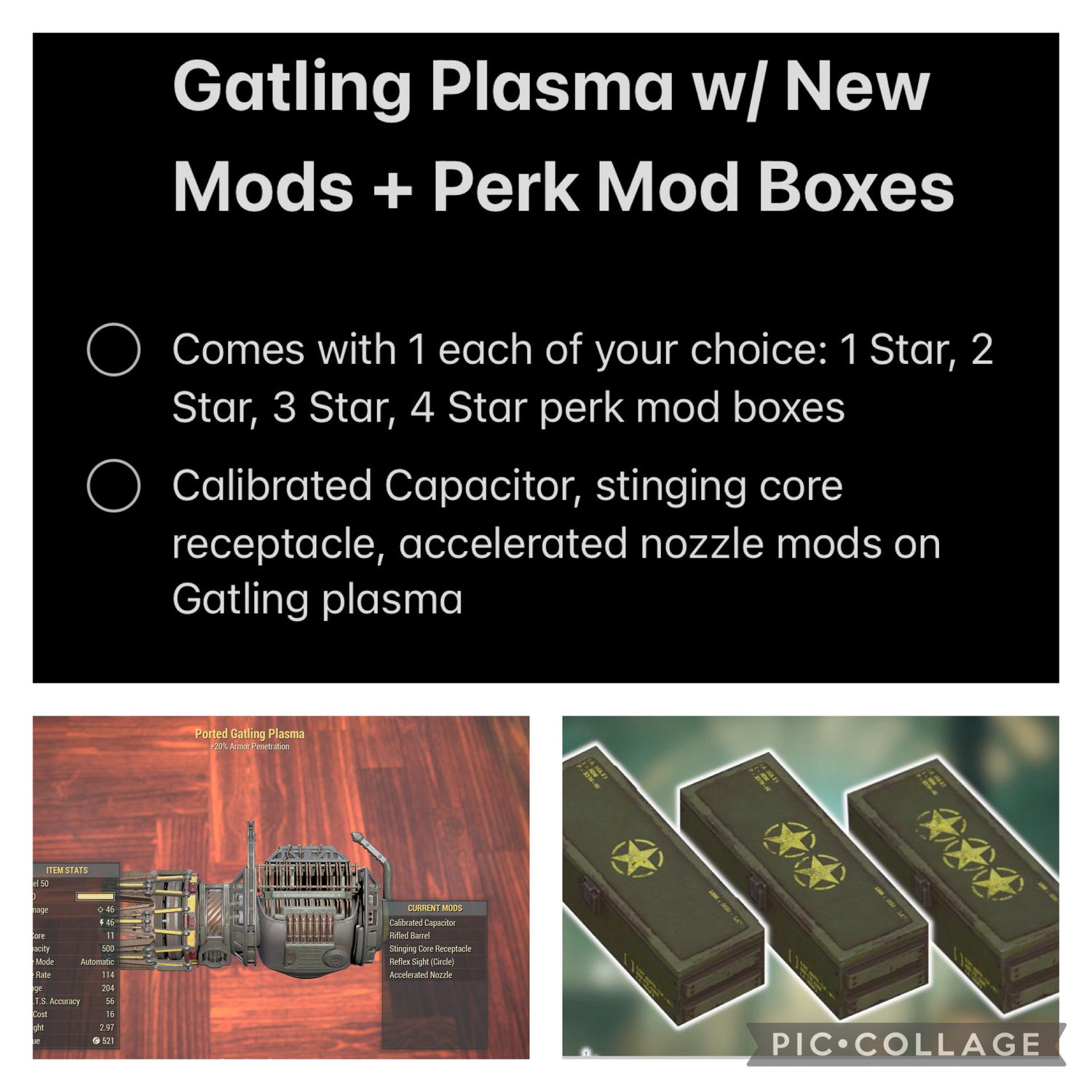 Gatling Plasma (calibrated Capacitor, Accelerated Barrel, Stinging Core Receptacle) + Mod Boxes