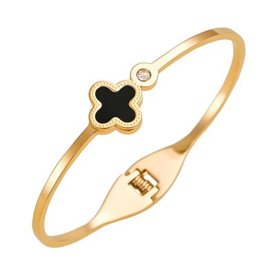 18K Gold Plated Stainless Steel &quot;Four Leaf Clover&quot; Bangle Bracelet